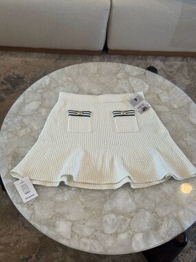 Self-Portrait Cream Knit A-Line Skirt with Black Trim and Gold Buttons